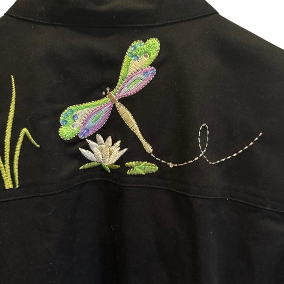 Quacker Factory XL Dragonfly Embroidered Jacket Black Zip Front Cotton Stretch - Picture 11 of 14